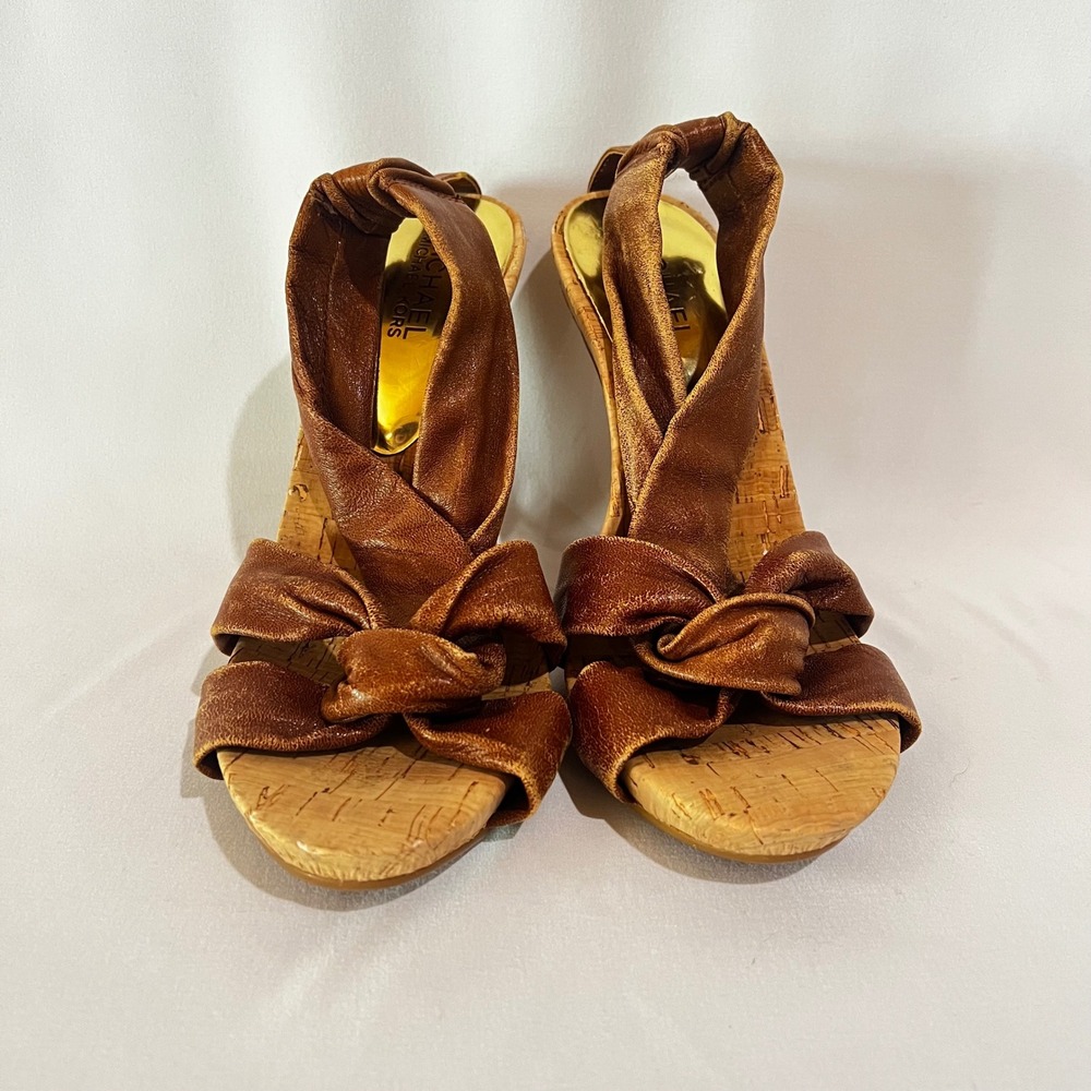 Michael Kors Brown Leather Knotted Slide Heels Cork Platform‎ Sandals Size 7.5